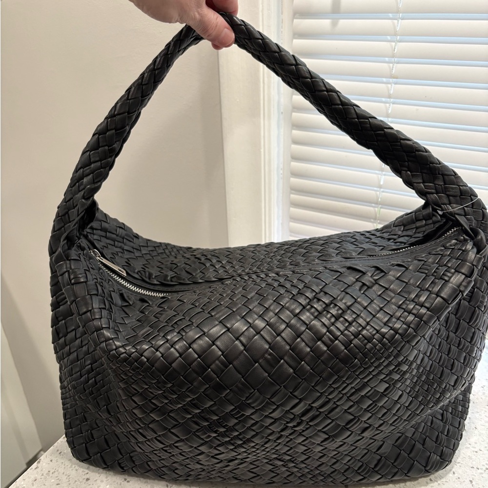 XL Botegga style Woven Leather Hobo Falor Bag - Black/ silver NWOT - Picture 7 of 14
